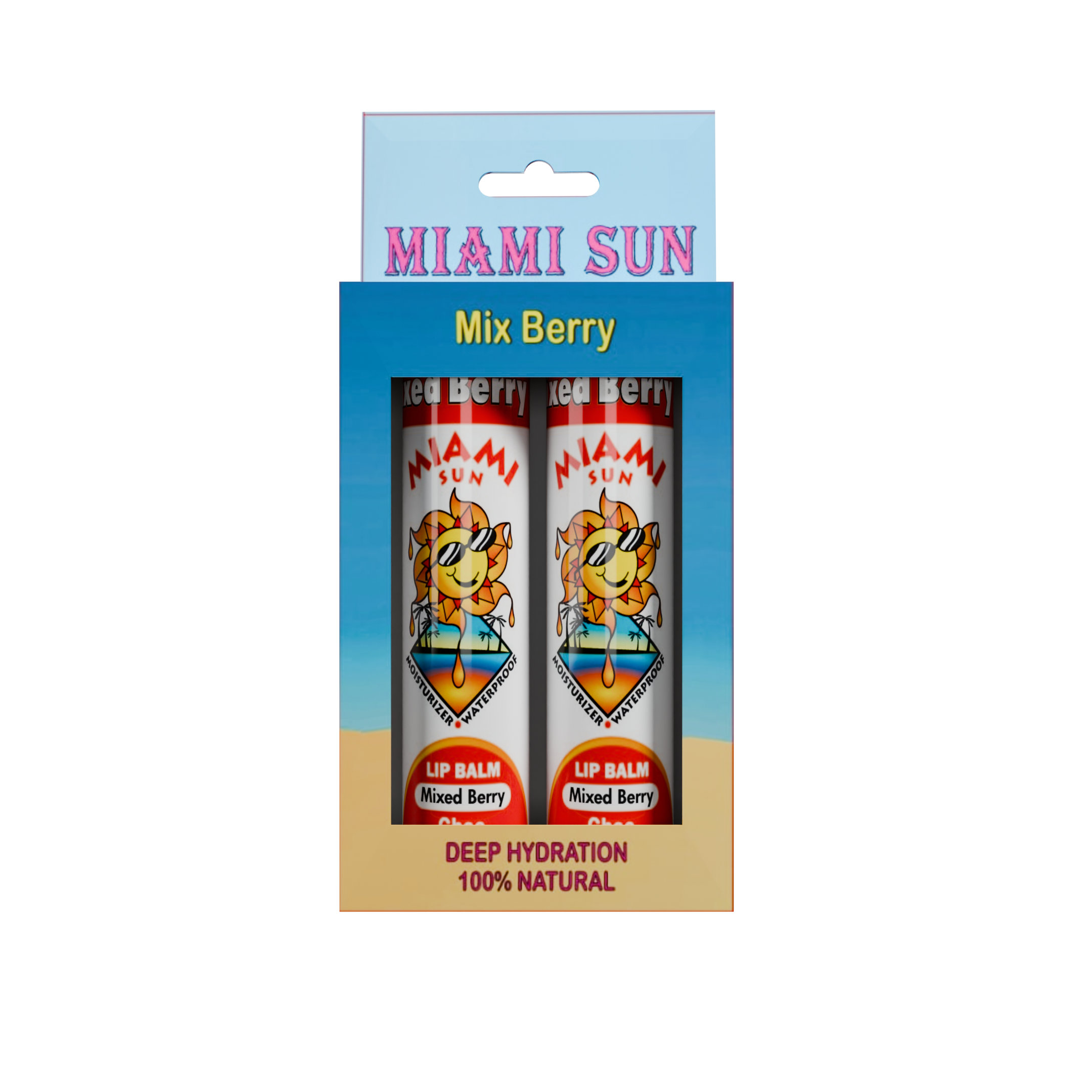 Two Miami Sun mixed berry lip balms.