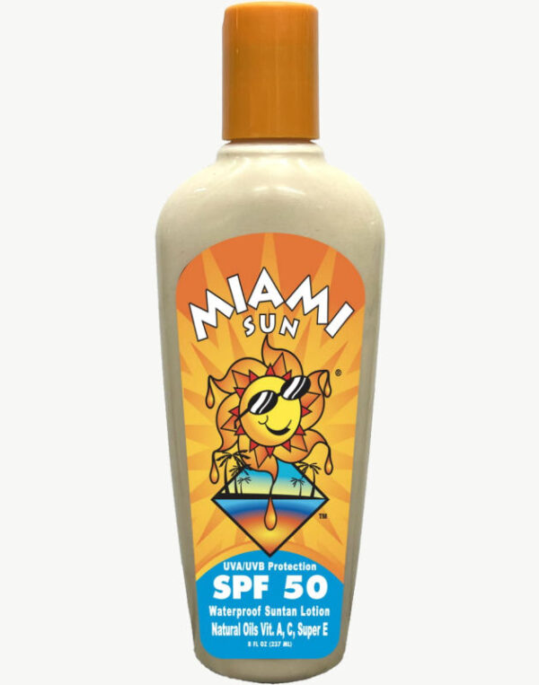 Miami Sun SPF 50 sunscreen lotion.