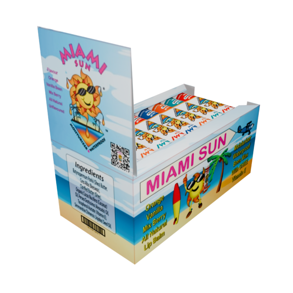 Miami Sun lip balm box with flavors.