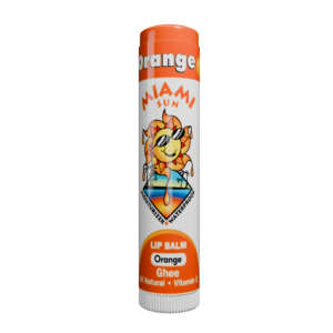 Orange lip balm with sun logo.