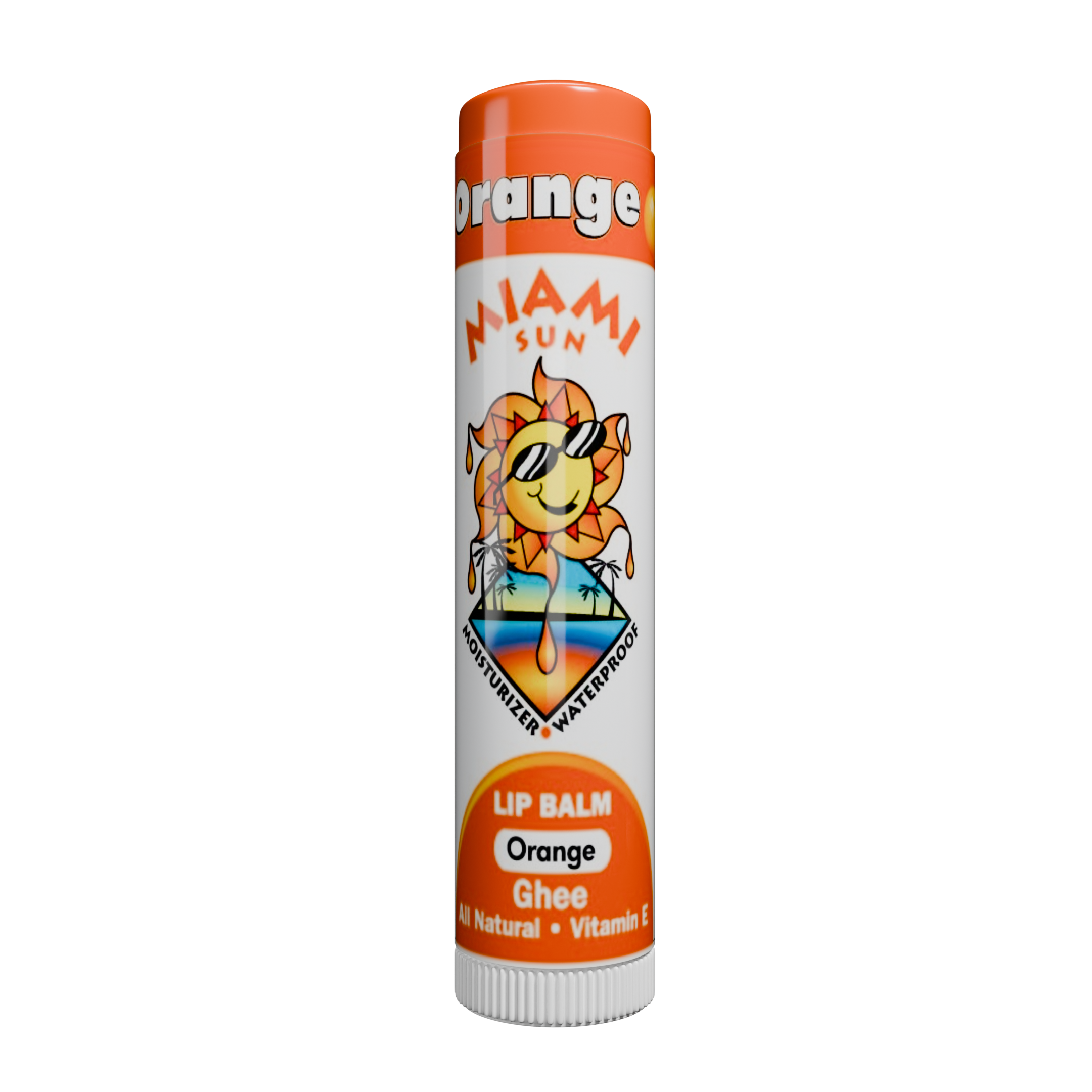 Orange lip balm with sun logo.