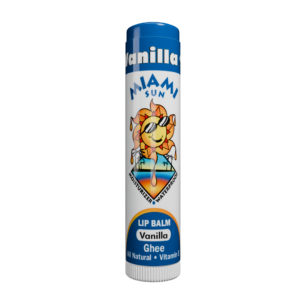 Miami Sun vanilla lip balm with ghee.