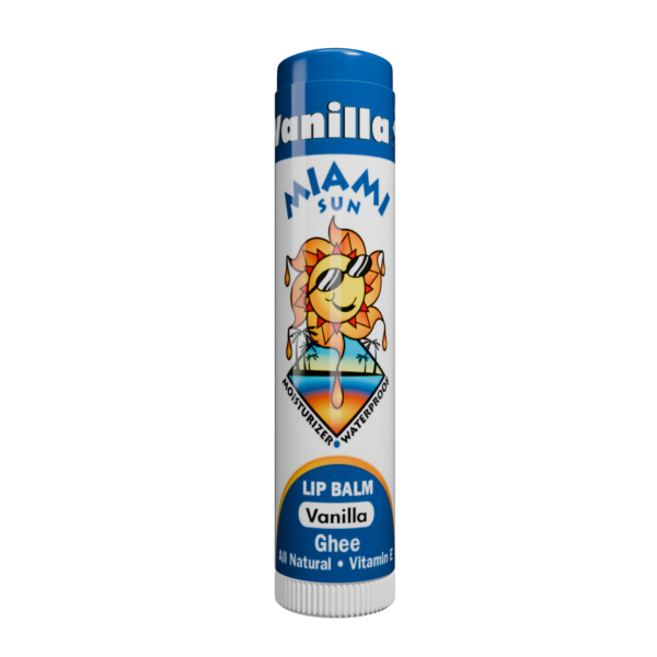 Miami Sun vanilla lip balm with ghee.