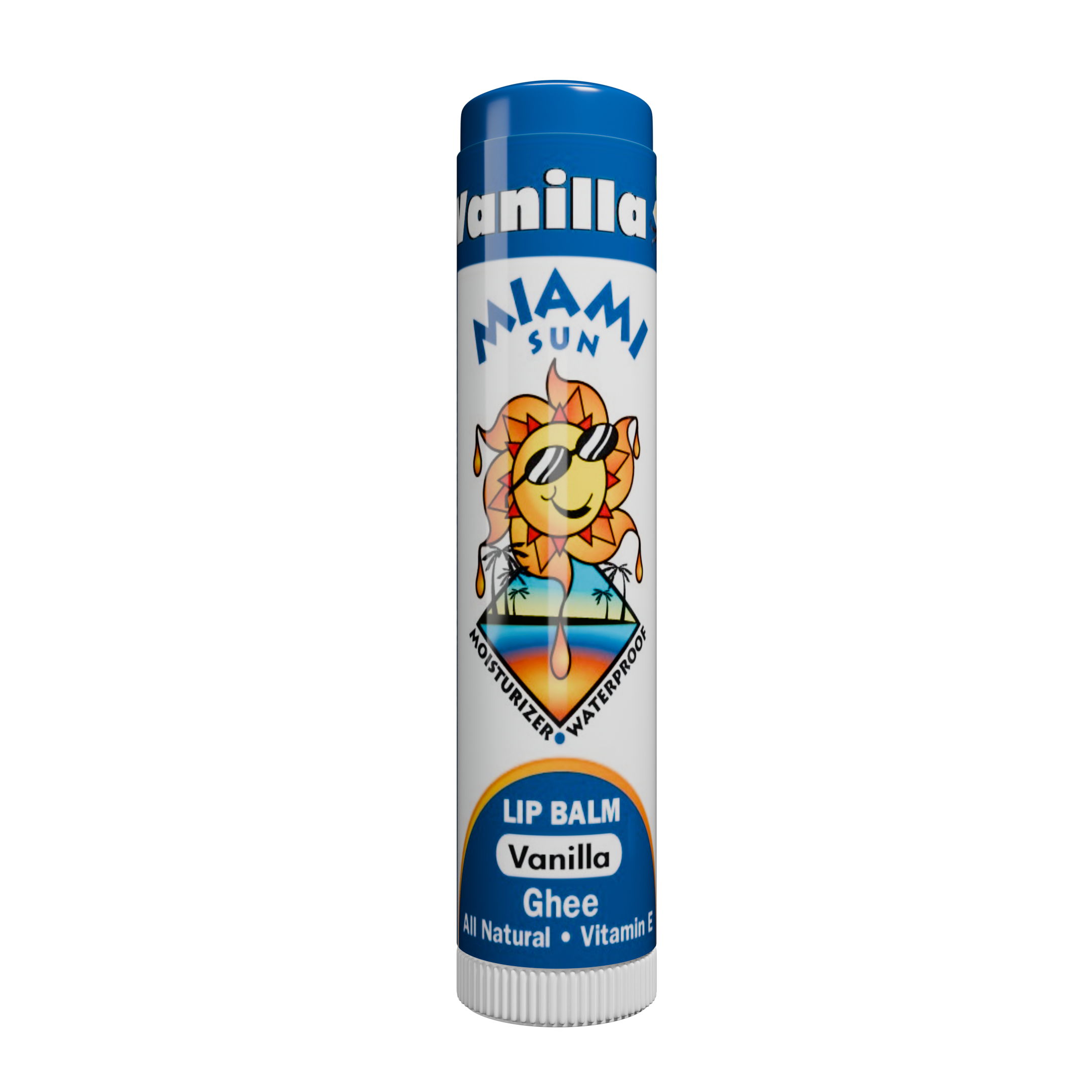 Miami Sun vanilla lip balm with ghee.