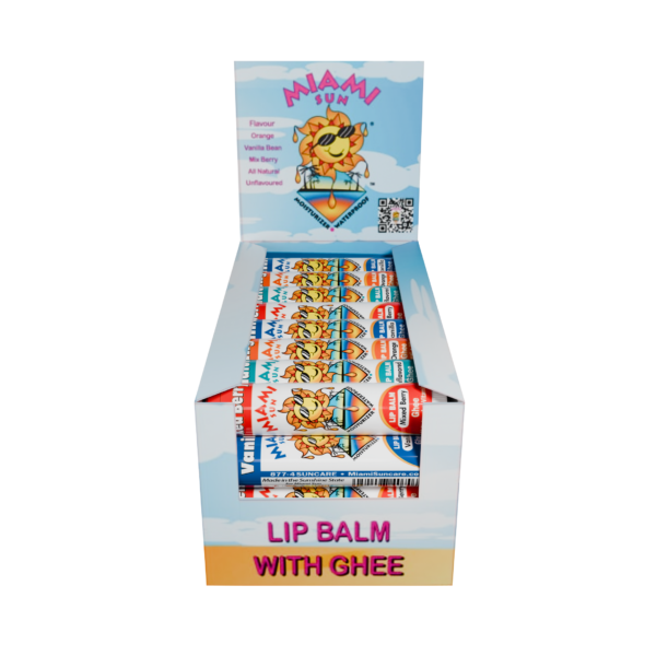 Box of Miami Sun lip balm with ghee.