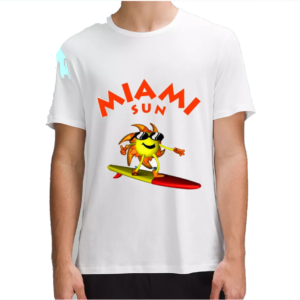 Man wearing a white Miami Sun t-shirt.