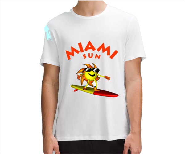 Man wearing a white Miami Sun t-shirt.